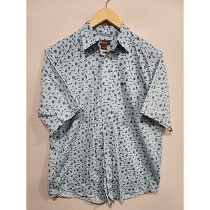 Ariat Button-up Short Sleeve Shirt Mens M Lt. Blue, Pocket Western Cactus Lizard